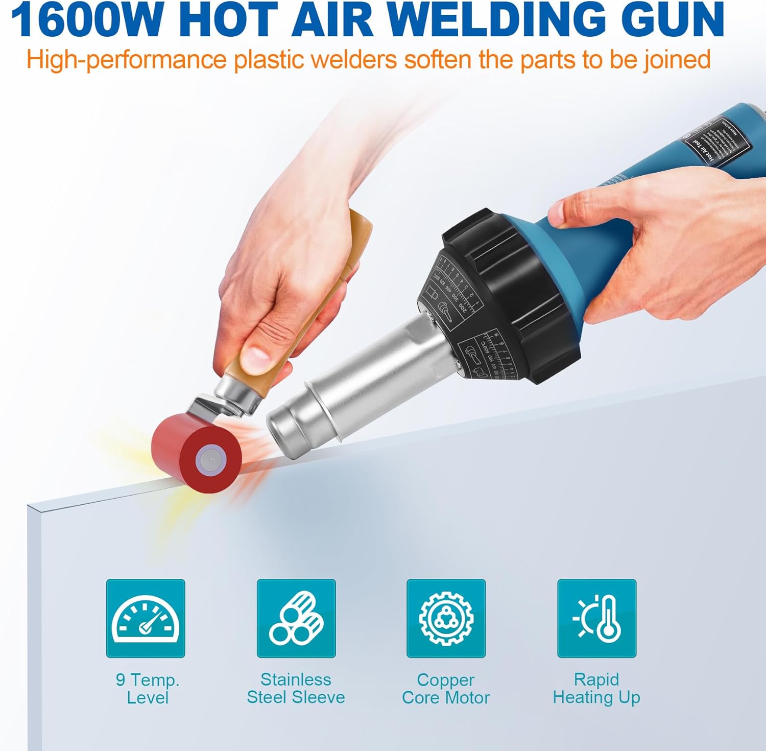Iglobalbuy 110V 1600W Hot Air Plastic Welding Welder, Handheld Hot Air Vinyl PVC TPO Heating Welding Gun w/Nozzles Adjustable Temperature Roofing Welder Kit