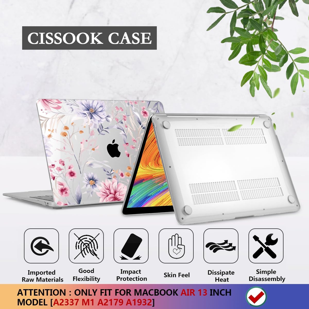 CISSOOK Flower Case for MacBook Air 13 Inch A2337 M1 A2179 A1932 Model 2021-2018 Released, Plastic Floral Cover with Keyboard Cover Protector for MacBook Air 13 with Touch ID，Flowers Watercolor