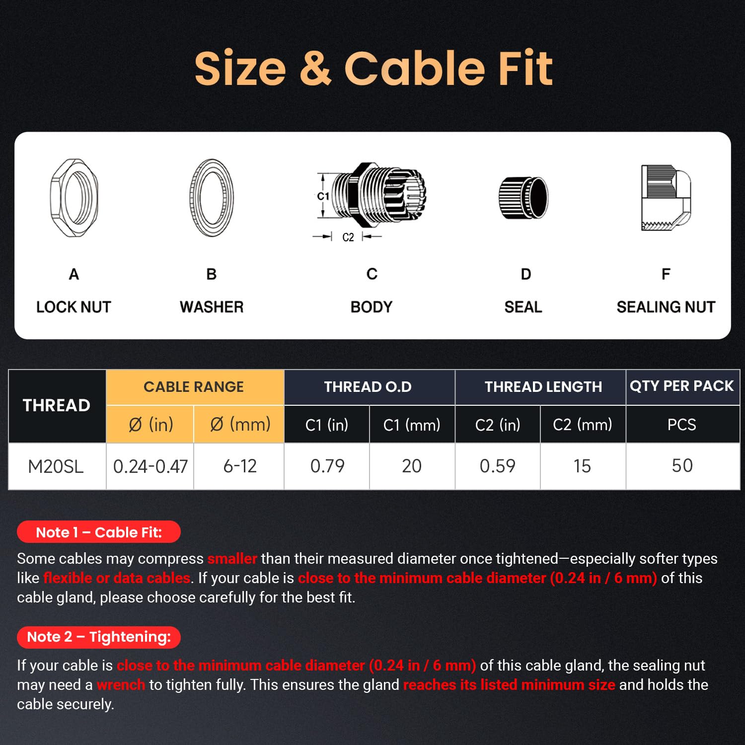 QILIPSU 50pcs M20SL Long Thread Cable Gland Waterproof IP68 Nylon Strain Relief Cord Grip Cable Pass Through Wire Connector