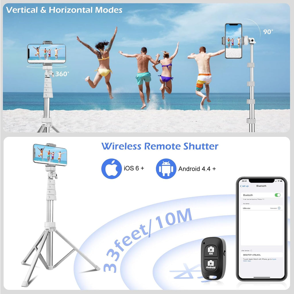 Sensyne 67" Phone Tripod & Selfie Stick, Extendable iPhone Tripod Stand with Wireless Remote and Phone Holder, Compatible with Cell Phone, Camera (Silver)