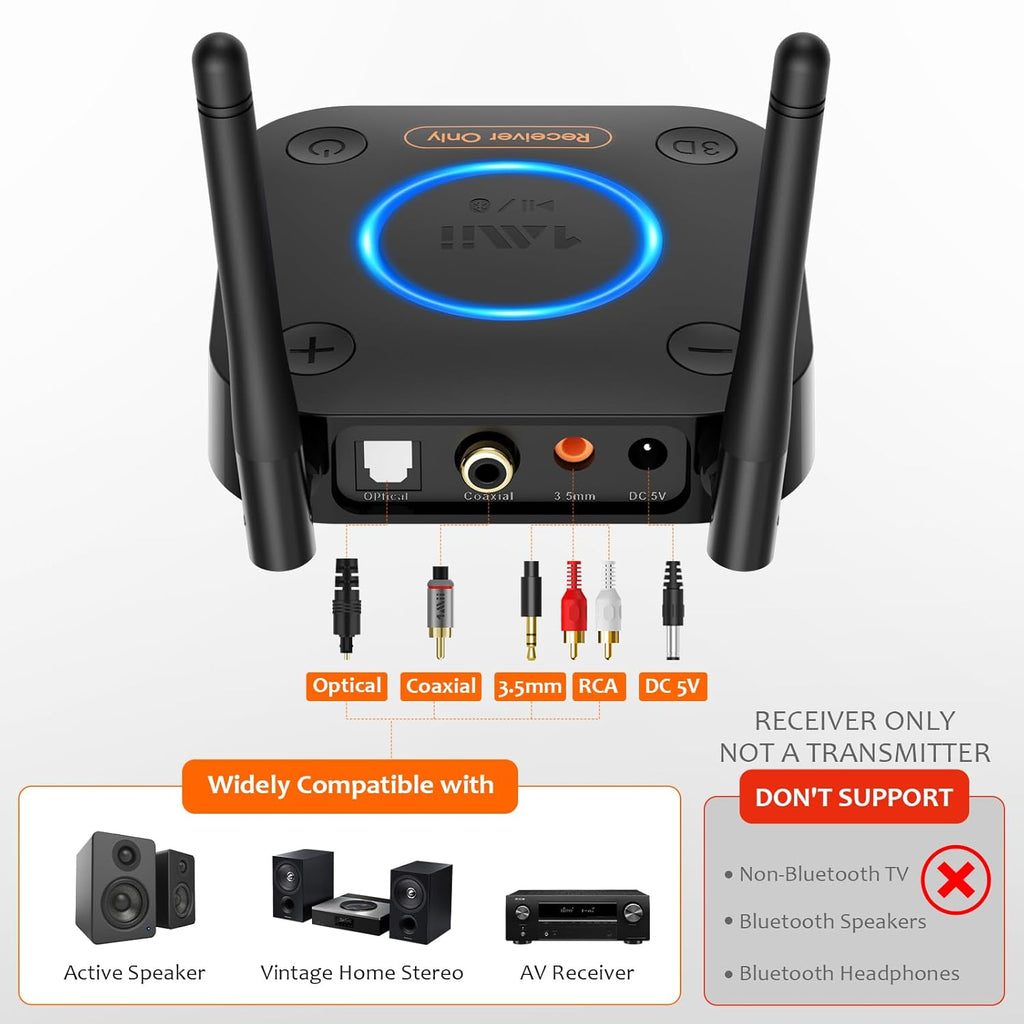 [Upgraded] 1Mii B06Pro Long Range Bluetooth Receiver, HiFi Wireless Audio Adapter, Bluetooth 5.1 Receiver with 3D Surround aptX HD Low Latency Optical RCA AUX 3.5mm Coaxial for Home Stereo System