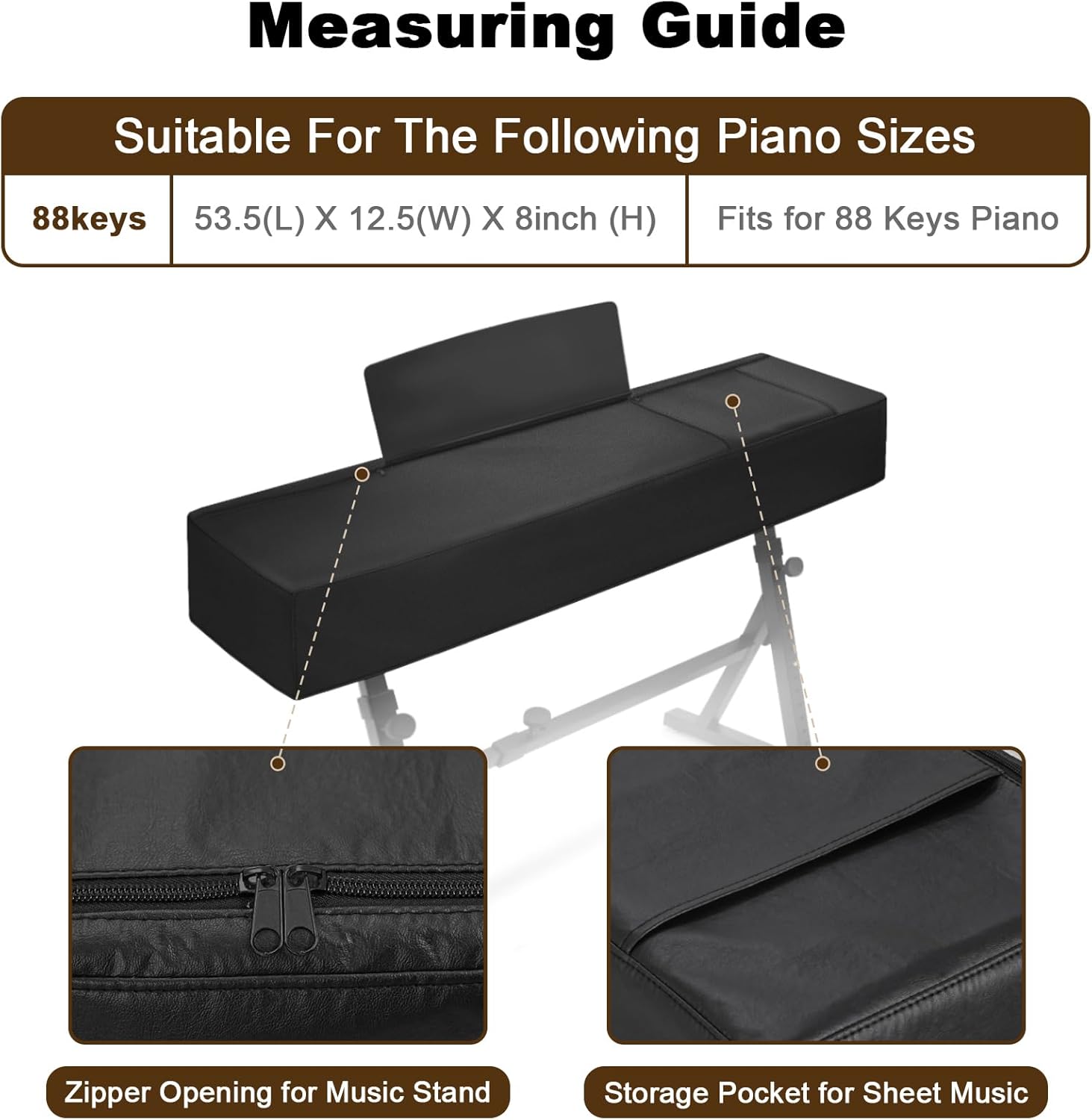 Explore Land 88 Keys Digital Piano Dust Cover with Music Stand Opening and Pockets - Waterproof Leatherette Electronic Keyboard Cover Fits for Most Piano