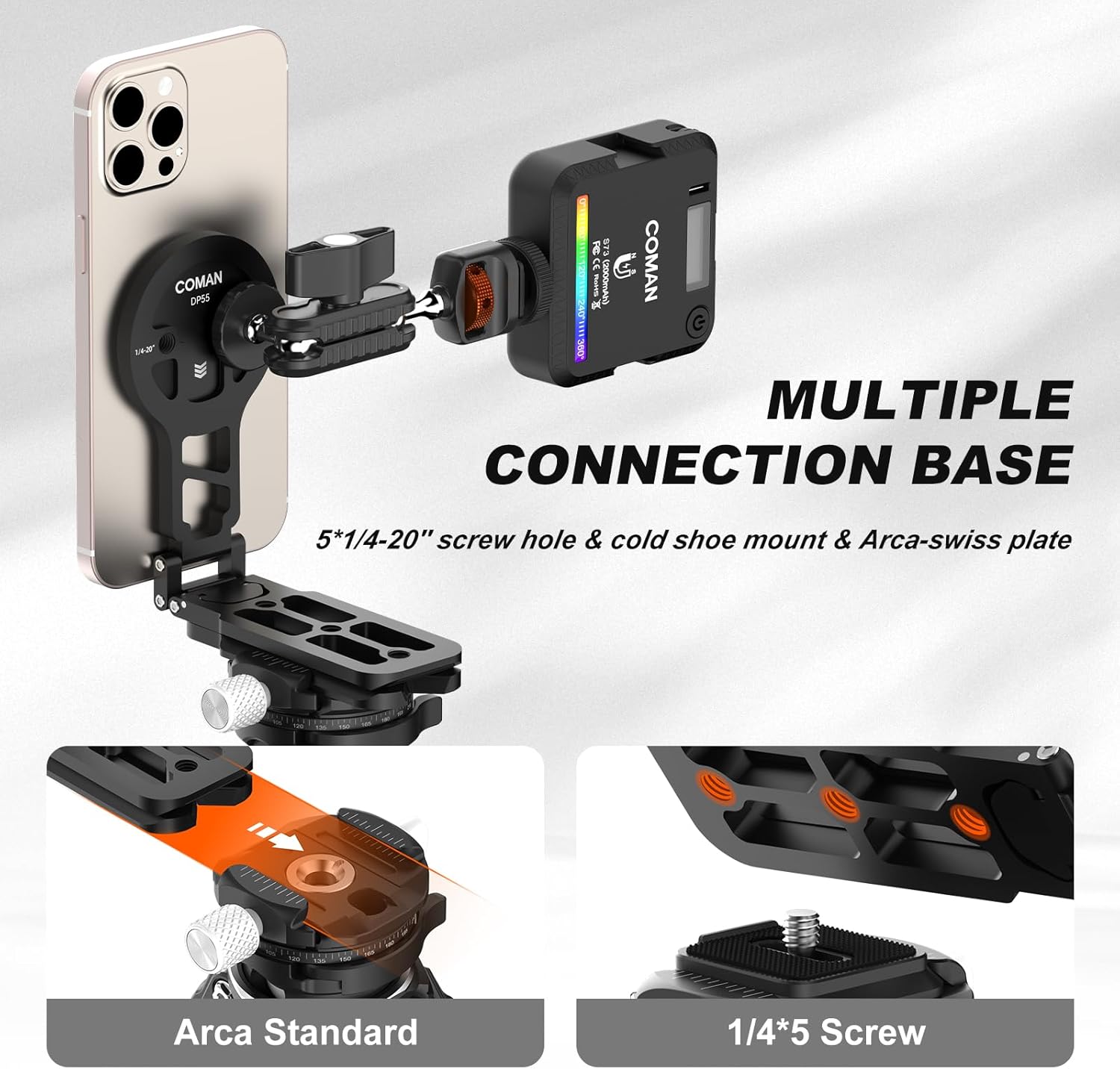 COMAN DP55 Magnetic Phone Tripod for iphone, Foldable Magnetic Mini Tripod Pocket Cell Phone Stand with Arca-Swiss, 1/4'' Screw Hole, Cold Shoe Mount, Compatible with Magsafe for iPhone 16/15/14/13/12