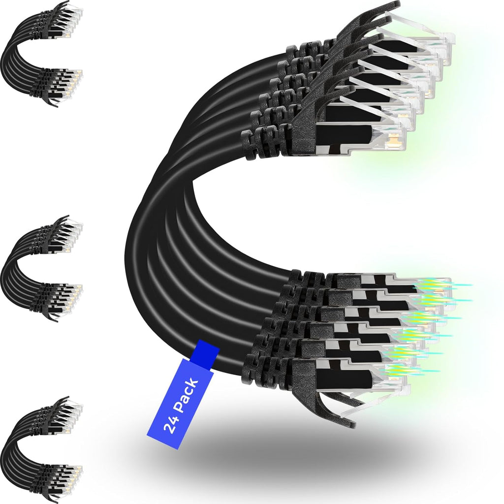 Rapink Patch Cables Cat6 14ft (24 Pack), Ethernet Patch Cable 10G, Cat 6 Patch Cable for Patch Panel to Switch, Flexiable Cat 6 Ethernet Cable with Gold Plated Black