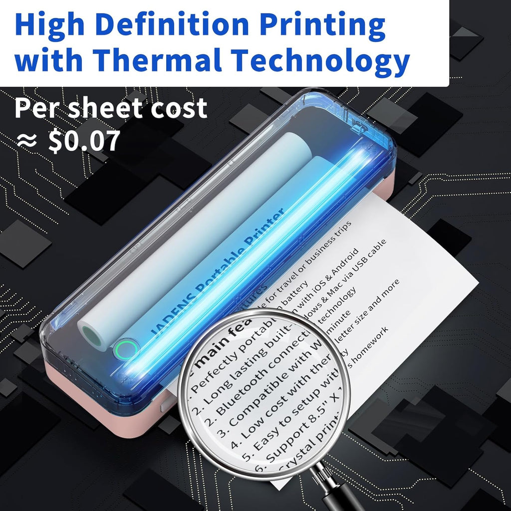 JADENS Pink Bluetooth Thermal Printer, Support 8.5" X 11" US Letter, Portable Printers Wireless for Travel, Inkless Printer Compatible with iOS, Android, Mobile Printer for Home, Office, School