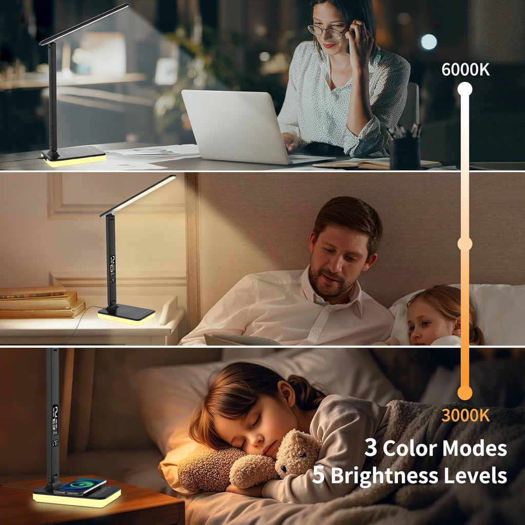 LED Desk Lamp for Home Office, USB Charging Port, Reading Lamp Desk Light with 5 Brightness, 3 Colors, Table Lamp with Clock, Alarm, Date, Temperature, Desk Lamp for College Dorm Room (Black)