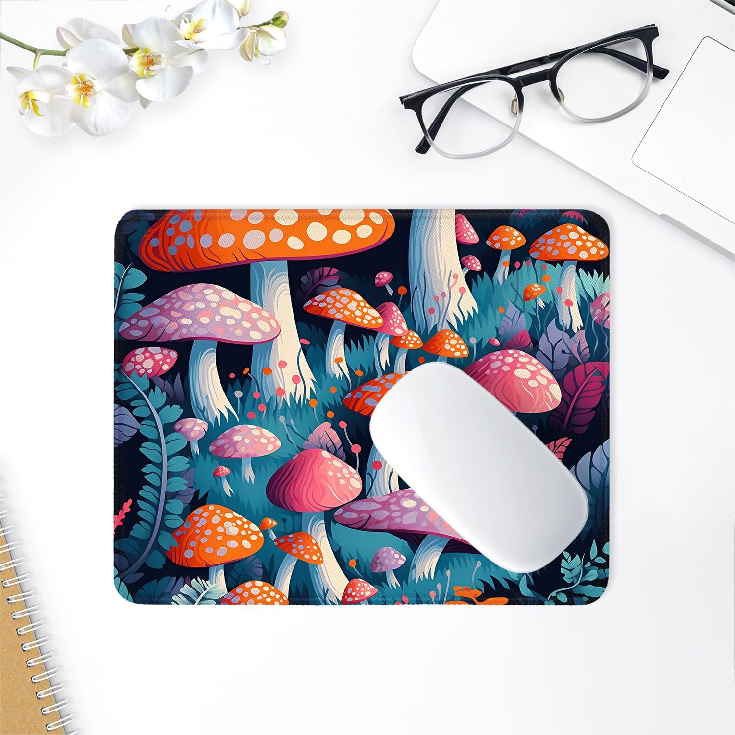 ITNRSIIET Mouse Pad with Stitched Edge Premium Textured Smooth Precise Operation Waterproof Washable Non-Slip Rubber Base Desktop Protection Mat, 10.2×8.3×0.12 inches, Pretty Mushroom