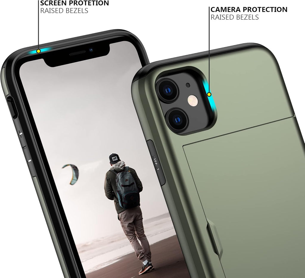 Nvollnoe for iPhone 11 Case with Card Holder Heavy Duty Protective Dual Layer Shockproof Hidden Card Slot Slim Wallet Case for iPhone 11 for Men&Women(Green)