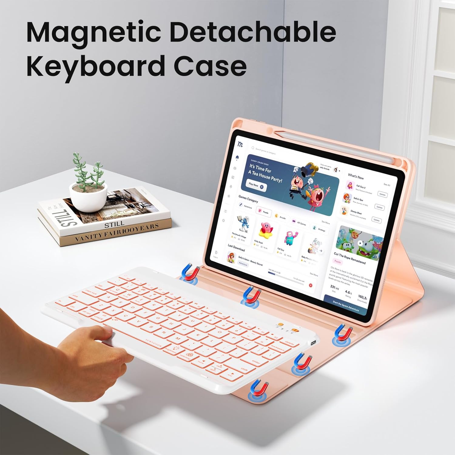 Keyboard and Case for iPad 7th/8th/9th Generation 10.2-inch 2018/2020/2021, iPad Air 3 2019, 2017 iPad Pro 10.5-inch Case with Pencil Holder, Detachable Wireless BT Keyboard, Tablet Smart Cover(Pink)