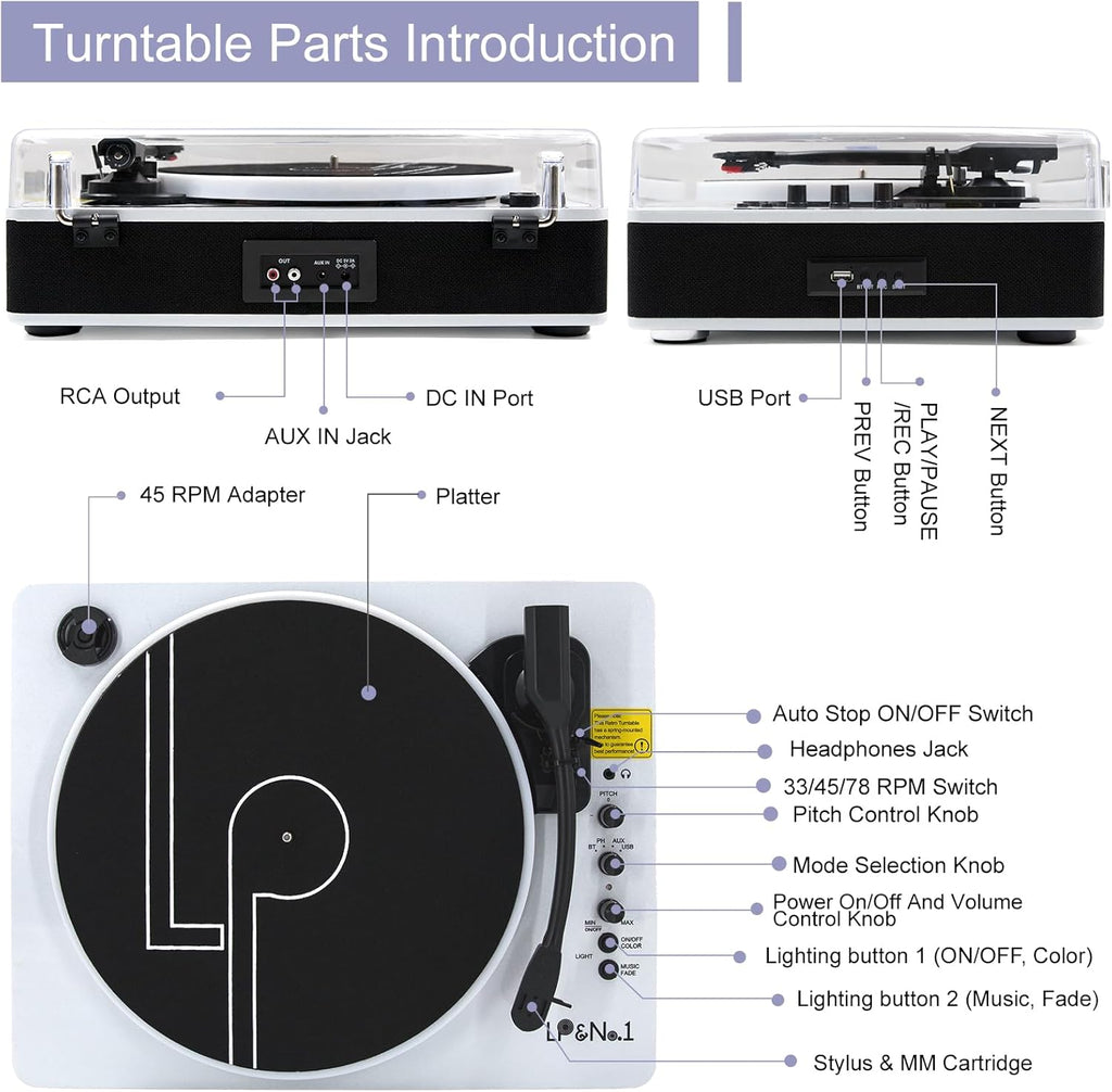 LP&No.1 Record Player with Built-in Stereo Speakers, LED Control, 3-Speed Belt-Drive Vinyl Turntable with USB Playback & Recording, Wireless BT Input & Output, Auto Stop, Pitch Control | White Pearl