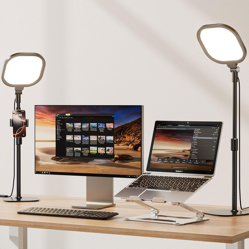 2 Packs Video Conference Lighting Kits, Dimmable Desk Ring Light with Stand and Phone Holder, Computer Laptop Light for Zoom Meeting, Video Calls, Live Streaming, Podcasting, Video Recoring