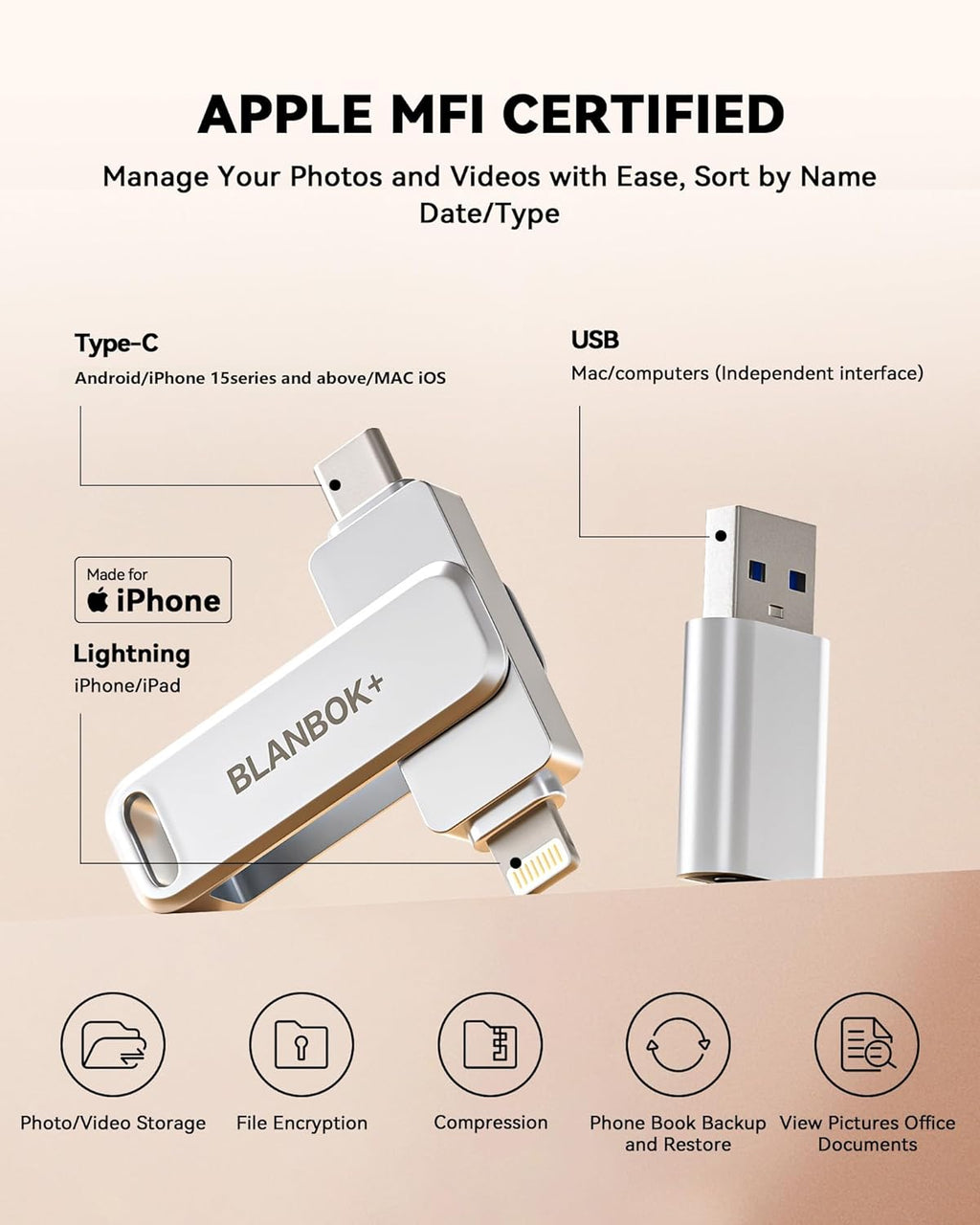 MFi Certified 128GB Flash Drive for iPhone Photo Stick, USB Thumb Drive Memory Stick High Speed USB Drive Photo Storage for iPhone Flash Drive Compatible for iPhone/iPad/Android/PC