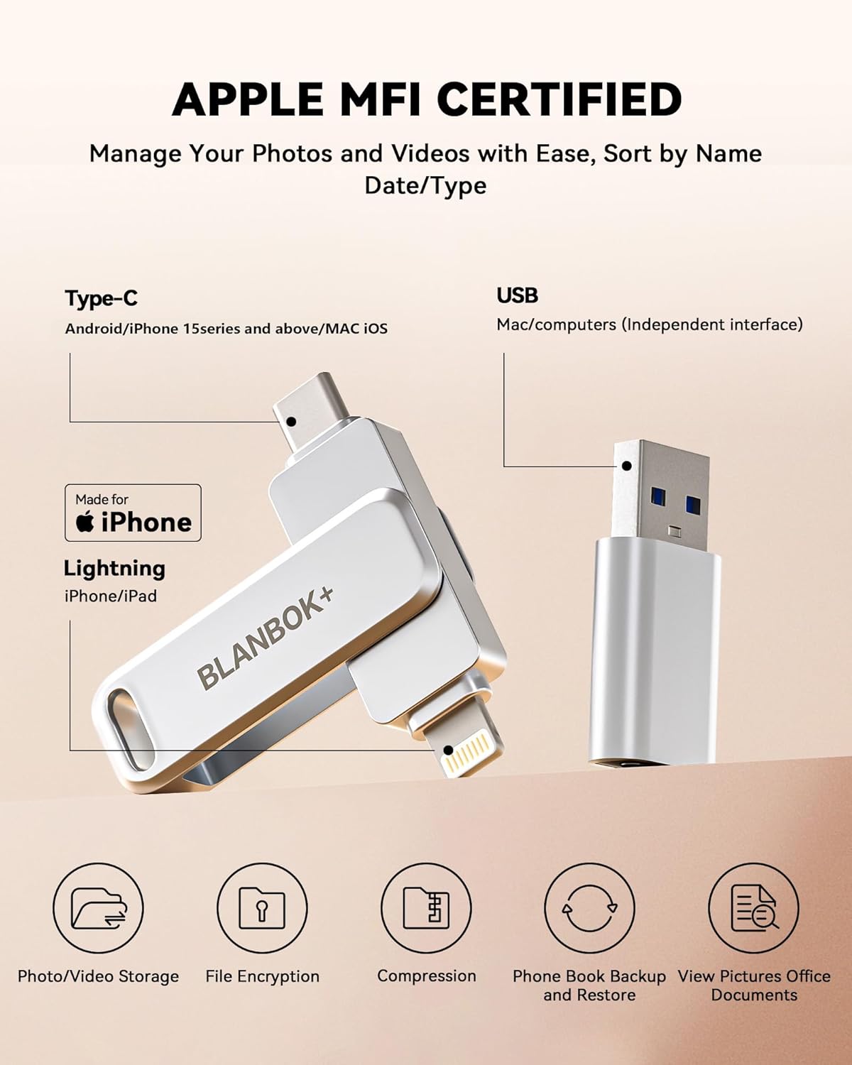 MFi Certified 128GB Flash Drive for iPhone Photo Stick, USB Thumb Drive Memory Stick High Speed USB Drive Photo Storage for iPhone Flash Drive Compatible for iPhone/iPad/Android/PC