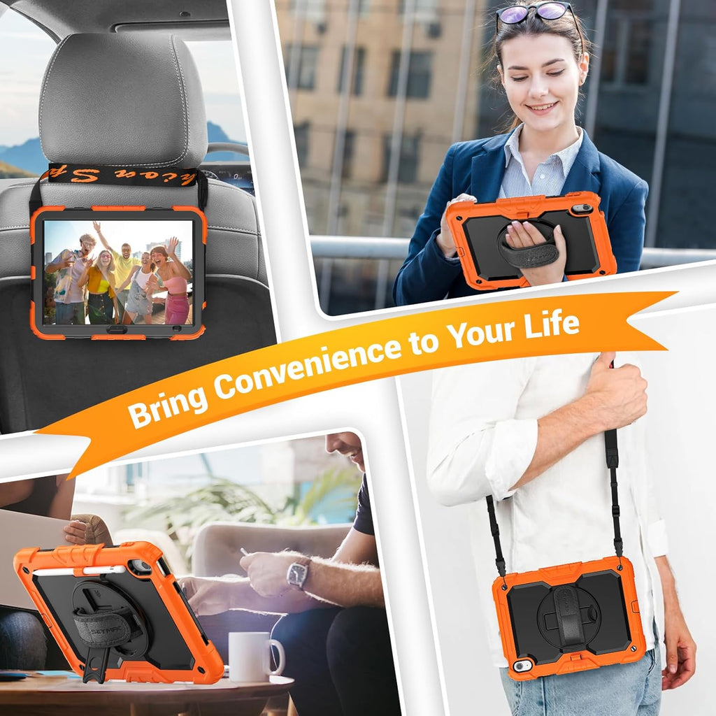 SEYMAC for iPad (A16) 11th/10th Generation Case 2025/2022 (11″/10.9″), Sturdy Heavy Duty Full-Body Shockproof Protective Case with Screen Protector, Rotating Stand, Hand/Shoulder Strap, Black/Orange