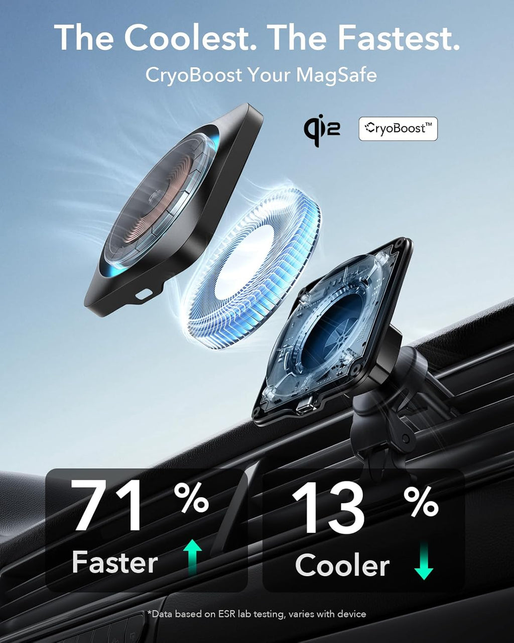 ESR for Qi2 15W MagSafe Car Mount Charger with CryoBoost, Phone Cooling MagSafe Car Charger, Air Vent/Dashboard Wireless Charging for iPhone 16/15/14/13/12, Galaxy S25 Series, Fast Charger, Black