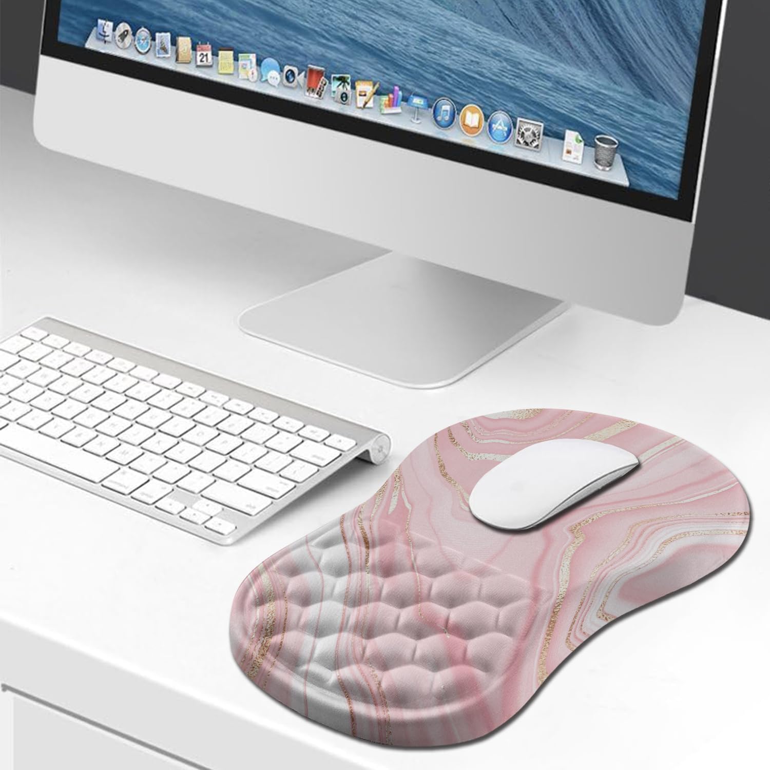 Hokafenle Ergonomic Mouse Pad Wrist Support, Wrist Rest Mousepad for Carpal Tunnel Pain Relief with Integrated Memory Foam Slope Massage Bulge (11.8x7.9 inch,Pink Fluid