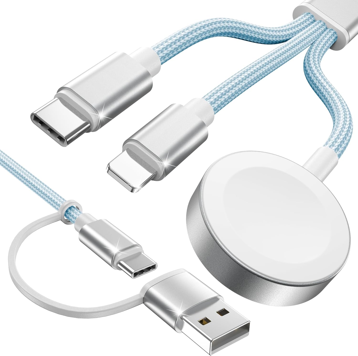 Blue-Upgraded 3 in 2 USB C Cable for Watch Charger Phone Charger USB C Multi Fast Charging Cable Compatible with Watch Ultra/SE/10/9/8/7/6/5/4/3/2/1 & Phone 16/15/14/Galaxy S23-4FT
