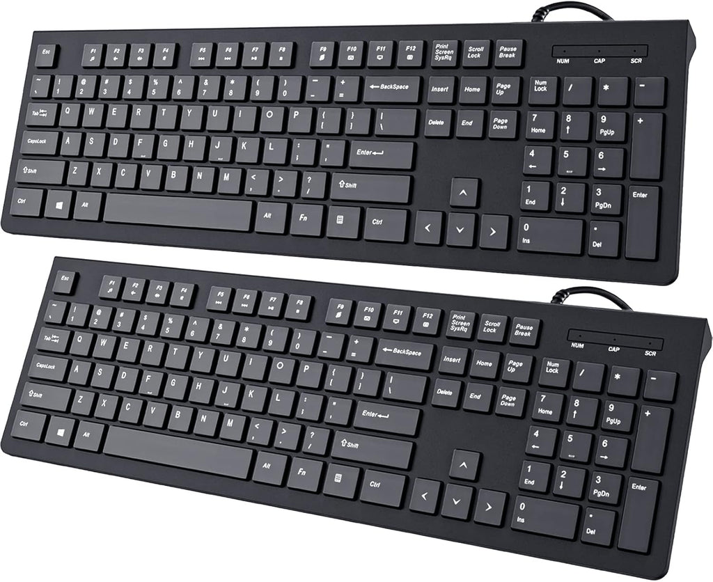 Computer Keyboard Wired, Plug Play USB Keyboard, Low Profile Chiclet Keys, Large Number Pad, Caps Indicators, Foldable Stands, Spill-Resistant, Anti-Wear Letters for PC Laptop (Black, 2-Pack)