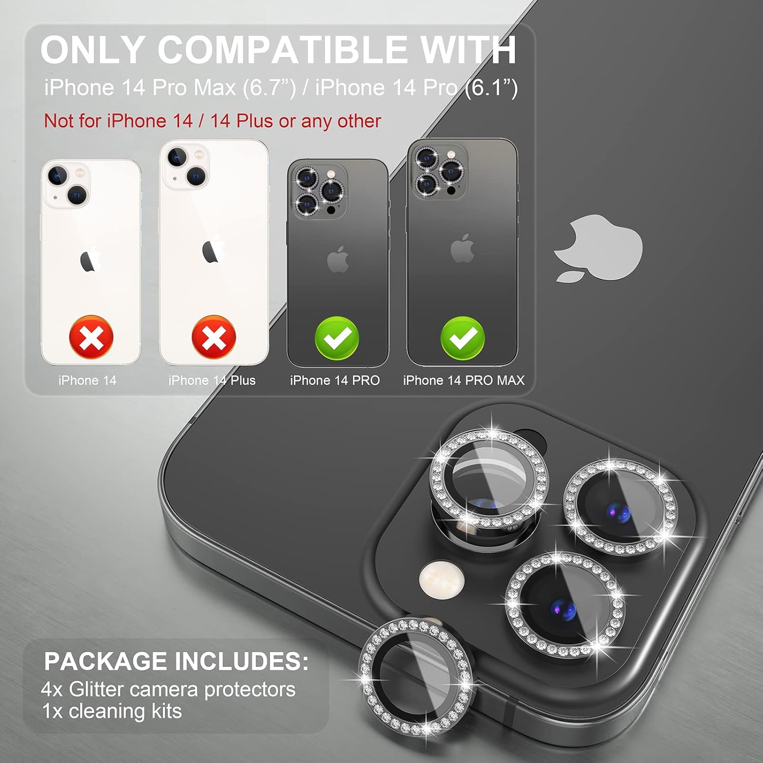 Choiche [3+1 for iPhone 14 Pro/iPhone 14 Pro Max Camera Lens Protector Bling, 9H Tempered Glass Camera Cover Screen Protector Metal Ring Decoration Accessories (Diamond-Black)