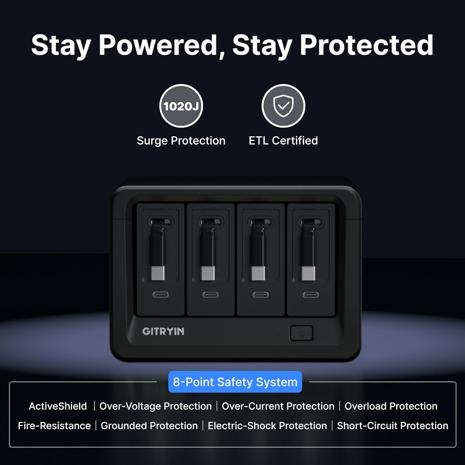 Gitryin 12-in-1 Desktop Charging Station with 4 Retractable Type-C Wall Chargers, 40W USB-C Power Strip with Flat Plug, Extension Cord with 1020J Surge Protection for Home Office