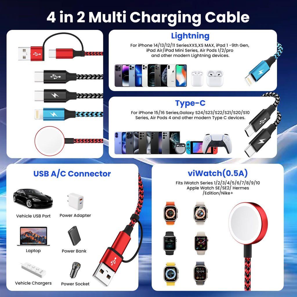 Travel Essentials 4in2 Multi Charging Cable for Apple Watch Charger,USB A/C to Dual Type C/IP/iWatch Charger,Travel Chargers for Multiple Devices Compatible with iWatch Series&iPhone 16-12（2PACK,5FT）