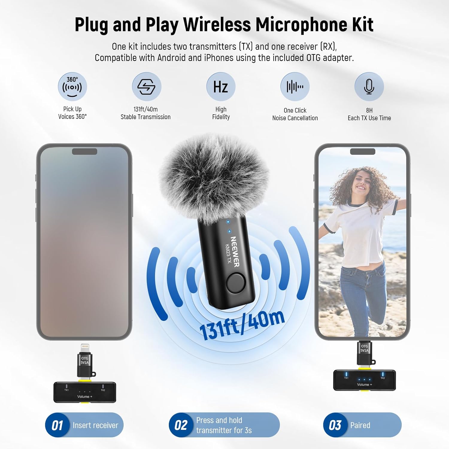 NEEWER PA048 Vlogging Kit for iPhone Android Podcast YouTube with RGB LED Light/KM23 Wireless Microphone System/Selfie Stick Phone Tripod/Cleaning Cloth, Content Creator Essentials