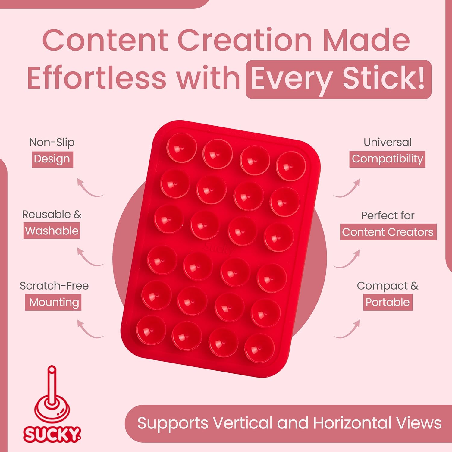 SUCKY Silicone Suction Phone Case Adhesive Octo Cup Buddy Mount - Anti-Slip Holder, Hands-Free Phone Accessory for iPhone and Android - Sticky Grip for Selfies, Videos - Red