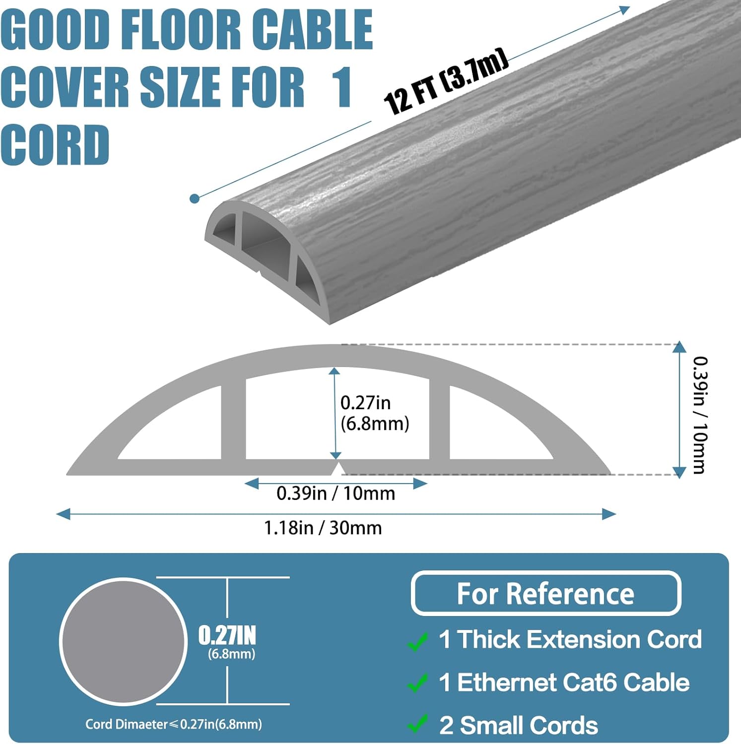Floor Cord Covers for Wires 12FT Cable Hider Wire Cover Self Adhesive Cord Hider Floor for Offices, Homes, Workshops, Warehouses Cable Cavity 0.39" W x 0.27" H