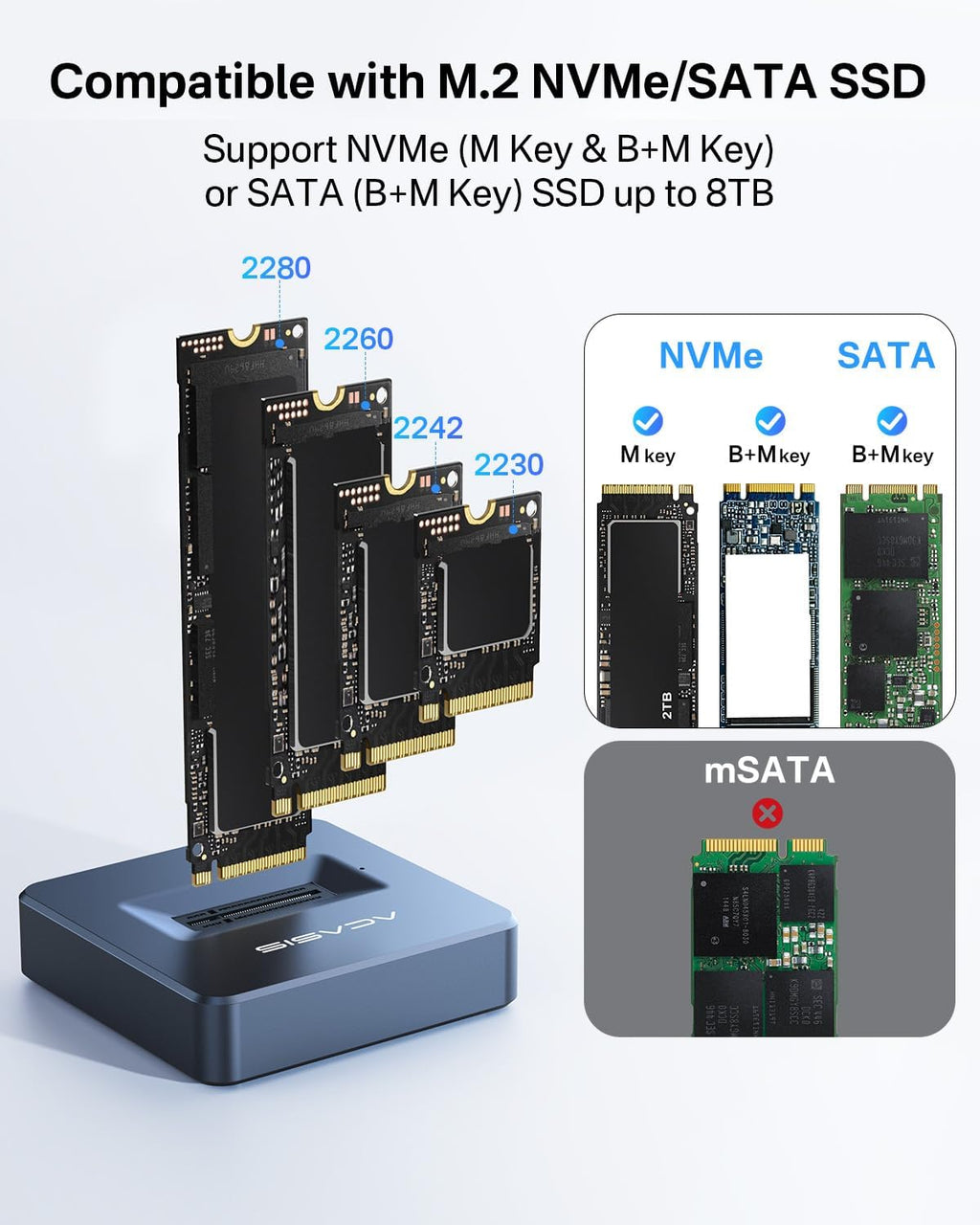 ACASIS NVME SSD Reader Adapter, Aluminium Alloy Housing Fast Heat Dissipation, NVME to USB Docking Station, M.2 SSD to USB Adapter 10Gbps, Support M.2 (M Key) NVMe SSD and (B+M Key) SATA-Based SSD