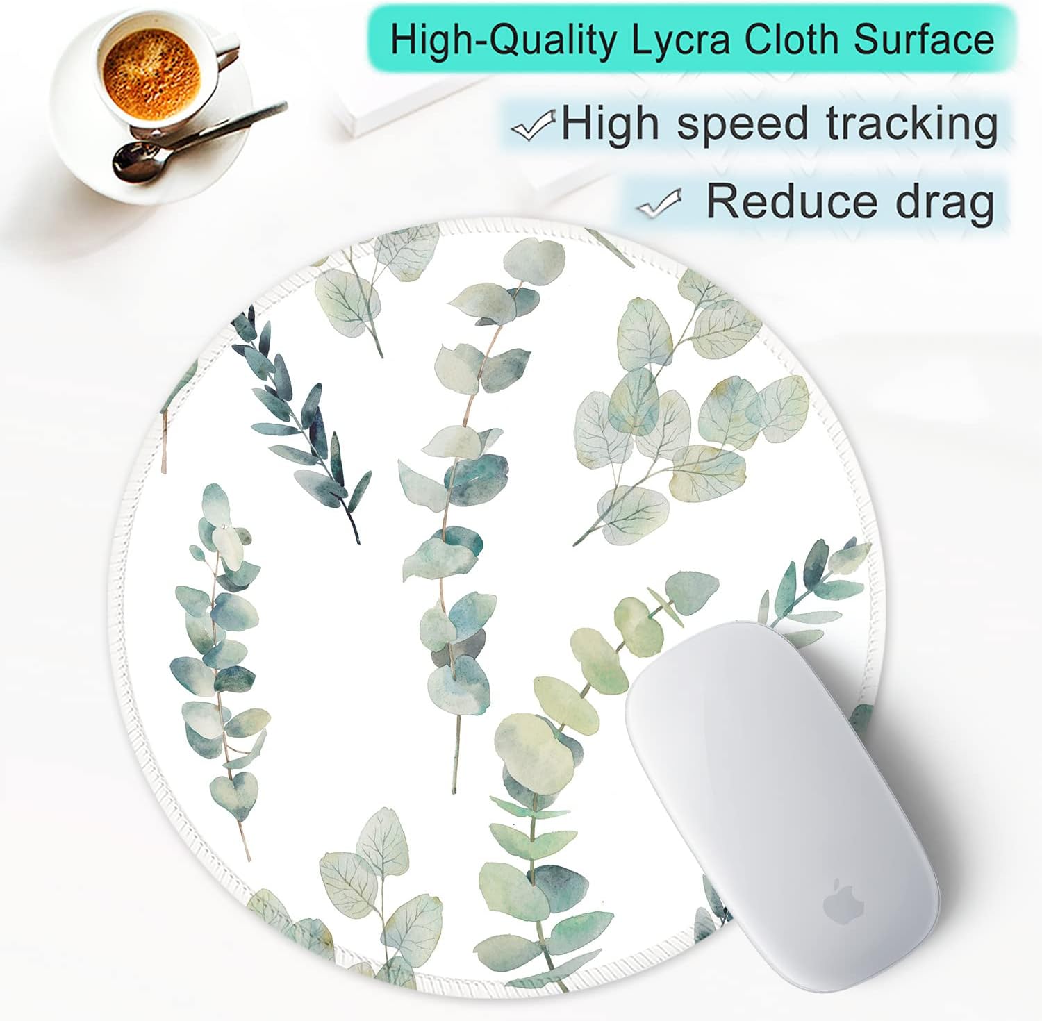 ITNRSIIET Round Mouse Pad with Stitched Edge Premium-Textured Waterproof Non-Slip Rubber Base Desktop Protection Mat Diameter 8.7 inches, Eucalyptus Branches