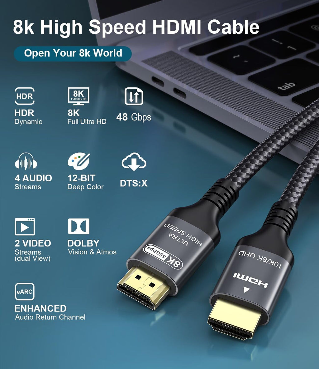Certified 10K 8K HDMI 2.1 Cable 3.3 FT, 48Gbps Ultra High Speed HDMI Cable with Ethernet 4K 240Hz 165Hz 144Hz 120Hz 8K60Hz eARC HDCP2.3 HDR10+ PC Laptop TV Monitor Projector