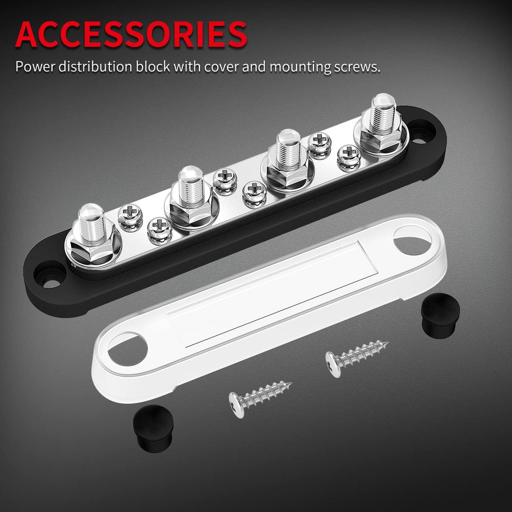 DAIERTEK Bus Bar Terminal Block 4 x 5/16" (M8) Terminal Stud, 6 x #8 (M4) Screw Terminal Positive & Ground Power Distribution Block with Cover Marine Battery Bus Bar 12V - 48V for Automotive Car Boat