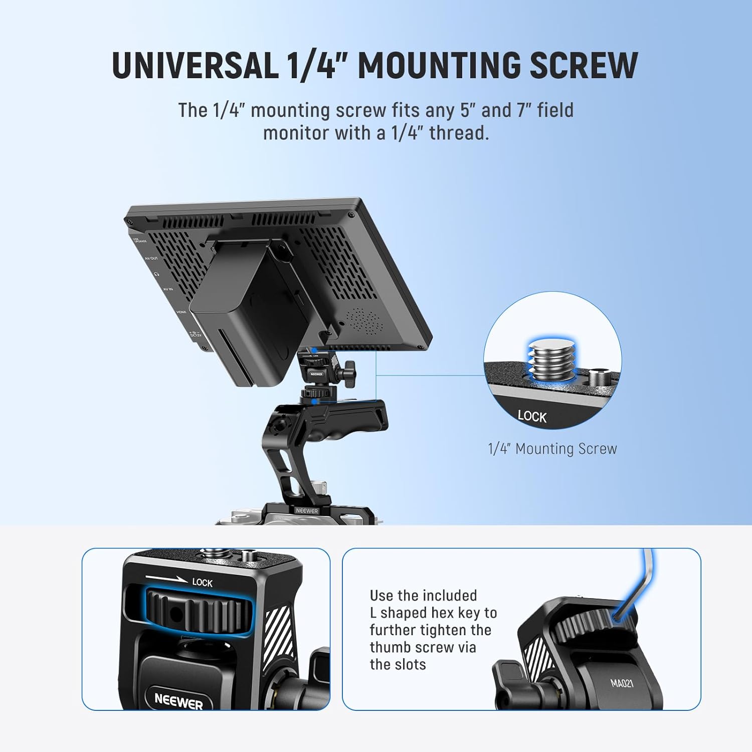 NEEWER Field Monitor Mount Monitor Holder with 1/4" Screw, 360° Swivel, 180° Tilt, Anti Twist Screw Compatible with Atomos Ninja 5" & 7" Camera Monitor Compatible with SmallRig Camera Cage, MA021