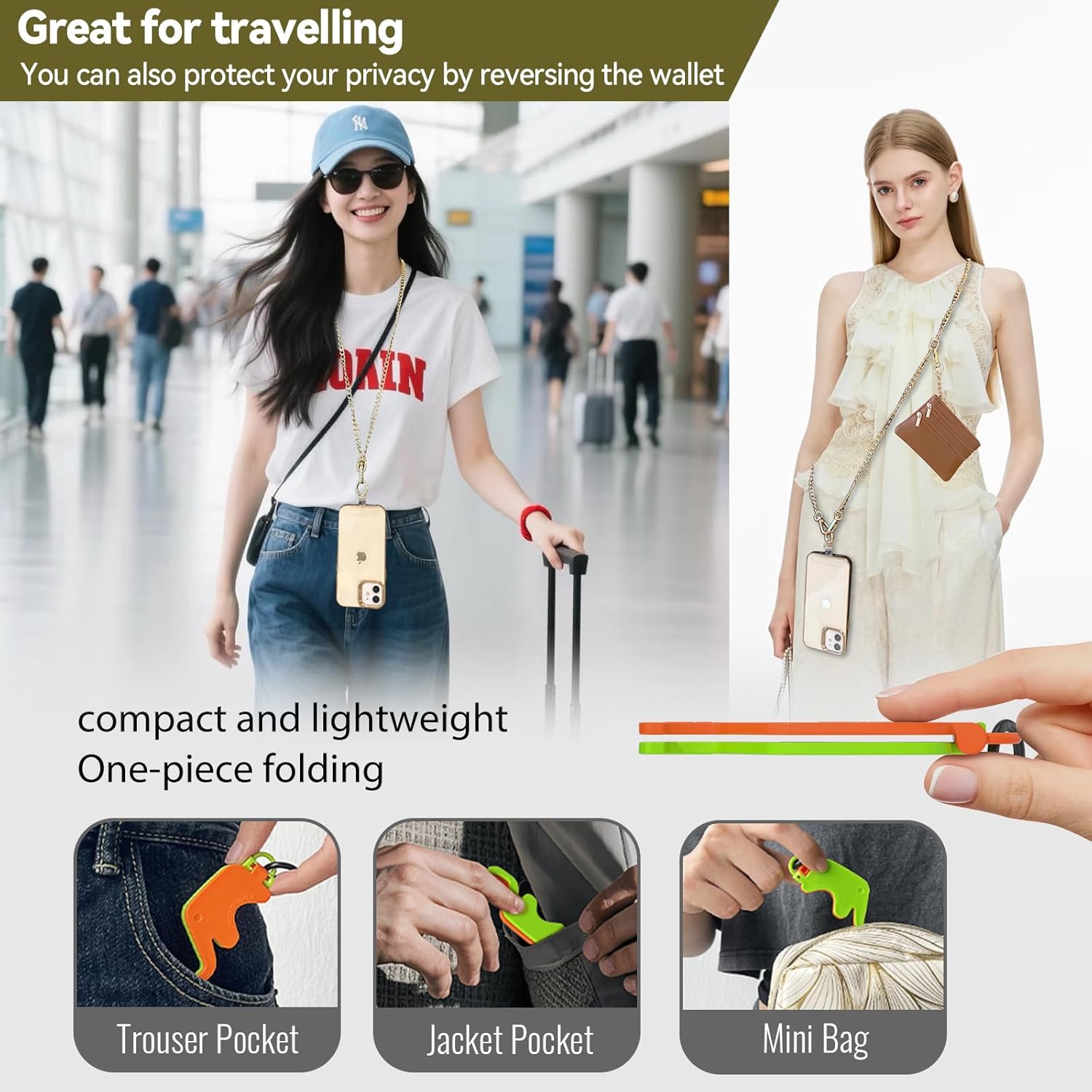 Clip and Go Strap for Phone Gold Metal Chain with Brown Purse Wallet Crossbody Phone Lanyard for Women with Cell Phone Stand Holder 2 Patches Tether Adjustable Anti Theft for iPhone 16 15 All Phones