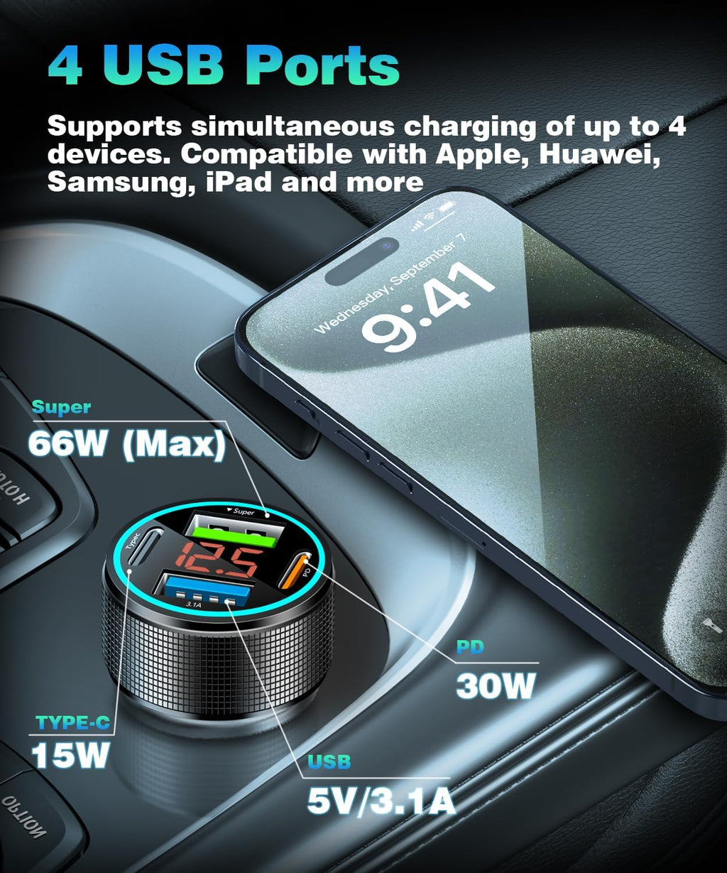 66W USB C Car Charger 4 Port Car Charger Adapter with 30W PD, 3.1A Aluminium Alloy Car Cigarette Lighter USB Charger with LED Voltmeter Compatible with Phone 15 14 13