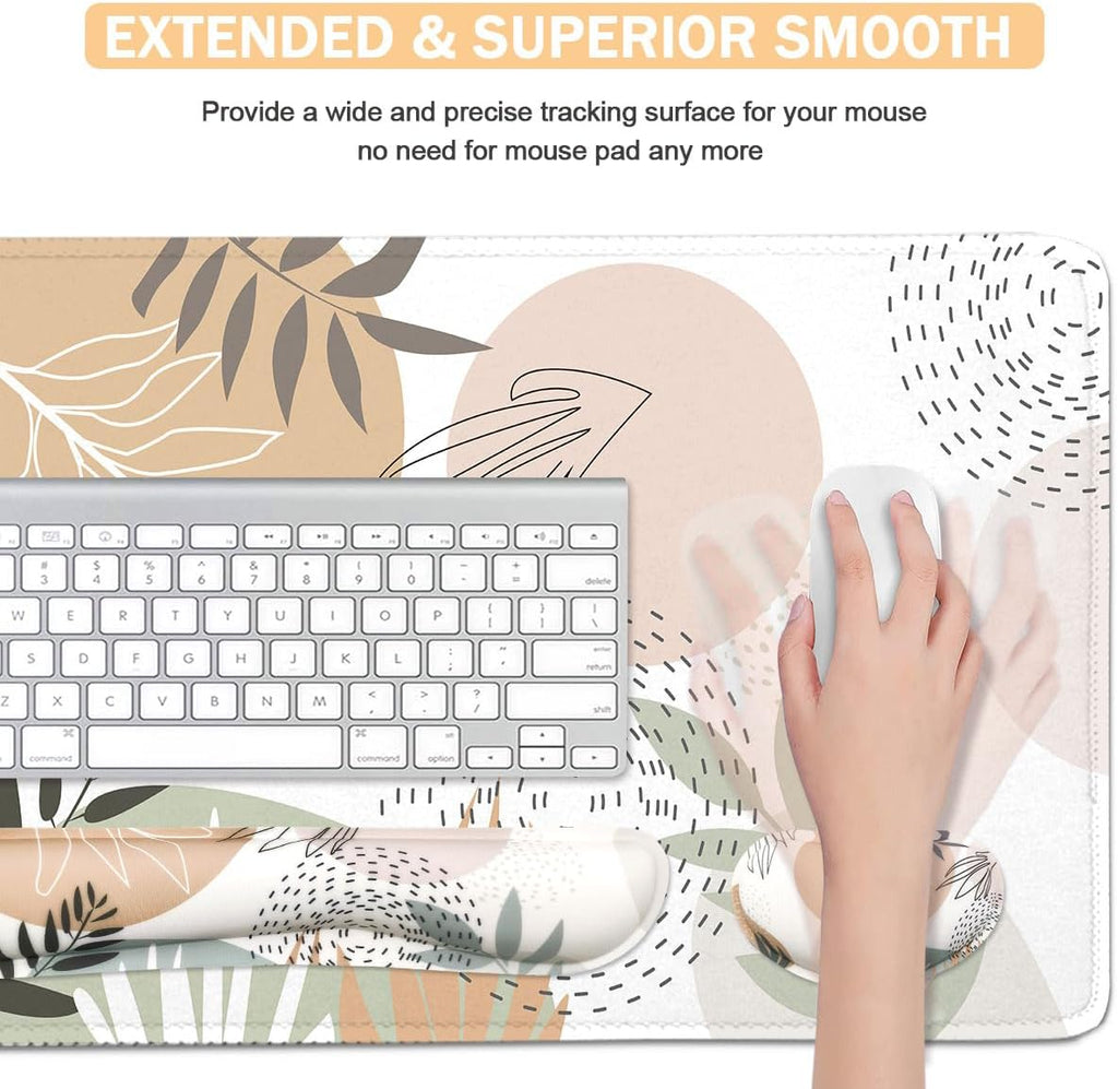 4-in-1 Large Mouse Pad, Keyboard Wrist Rest Pad & Wrist Support Mousepad Set, Extended Desk Pad Waterproof Desk Mat for Home Office Study Game - Leave