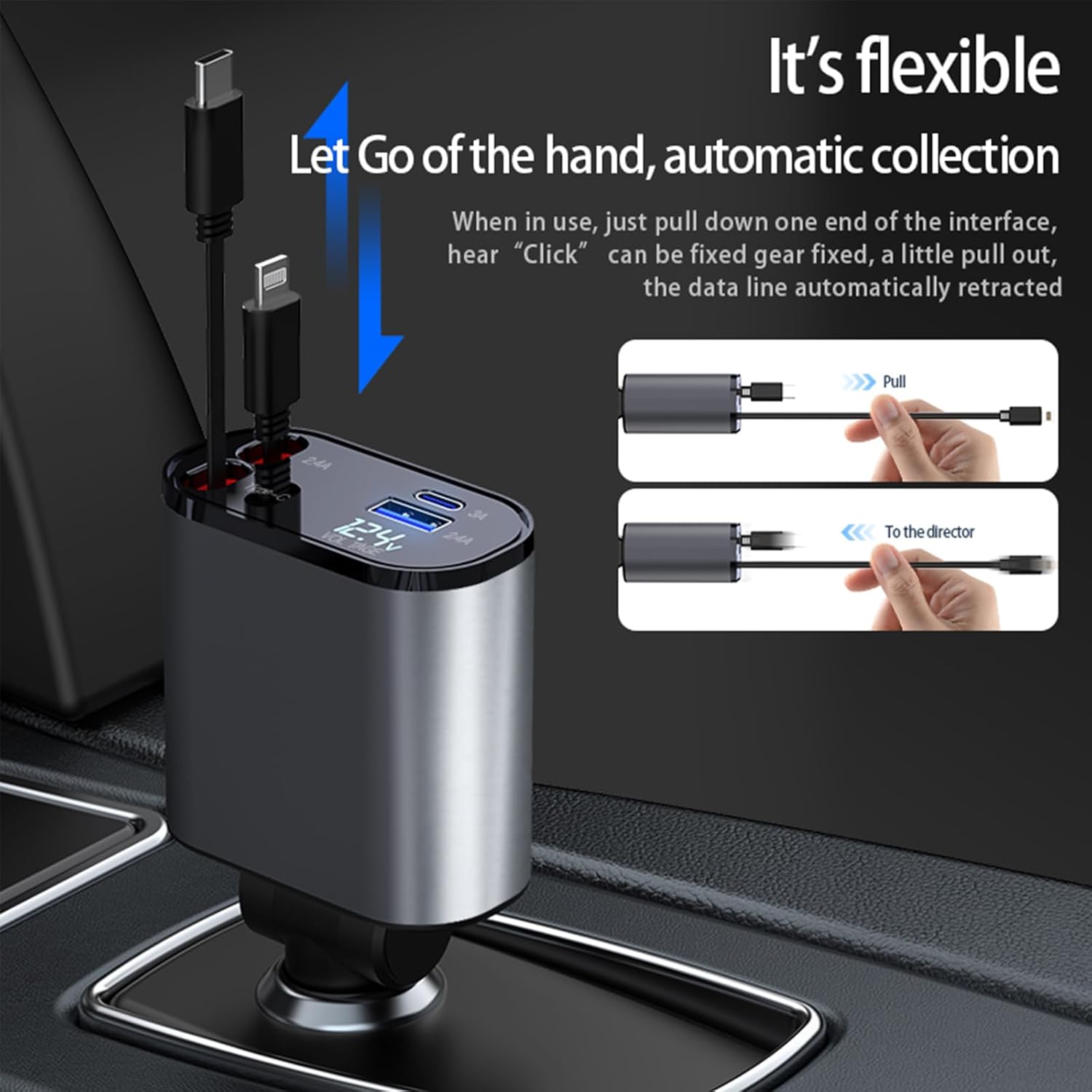 Retractable Car Charger，4 in1 Fast Car Phone Charger with Dual Retractable Cables and 2 Charging Ports (Type C+Lightning Retractable Cords)