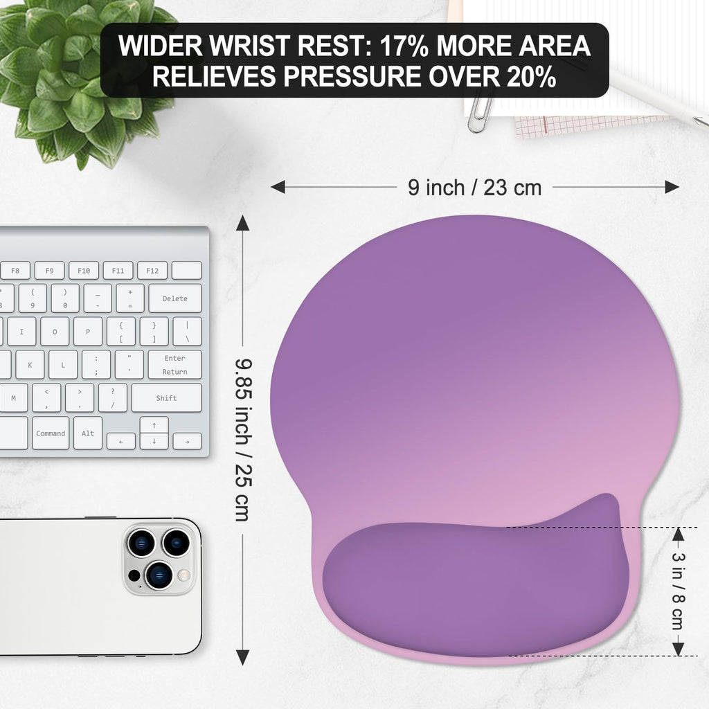 ITNRSIIET Ergonomic Mouse Pad with Wider Memory Foam Wrist Rest +17% - Curved Cushion Reduces Pressure 20%, Pain Relief, Non-Slip, Smooth, Cute Colors, 9.85 x 9 in, Purple Pink Gradient
