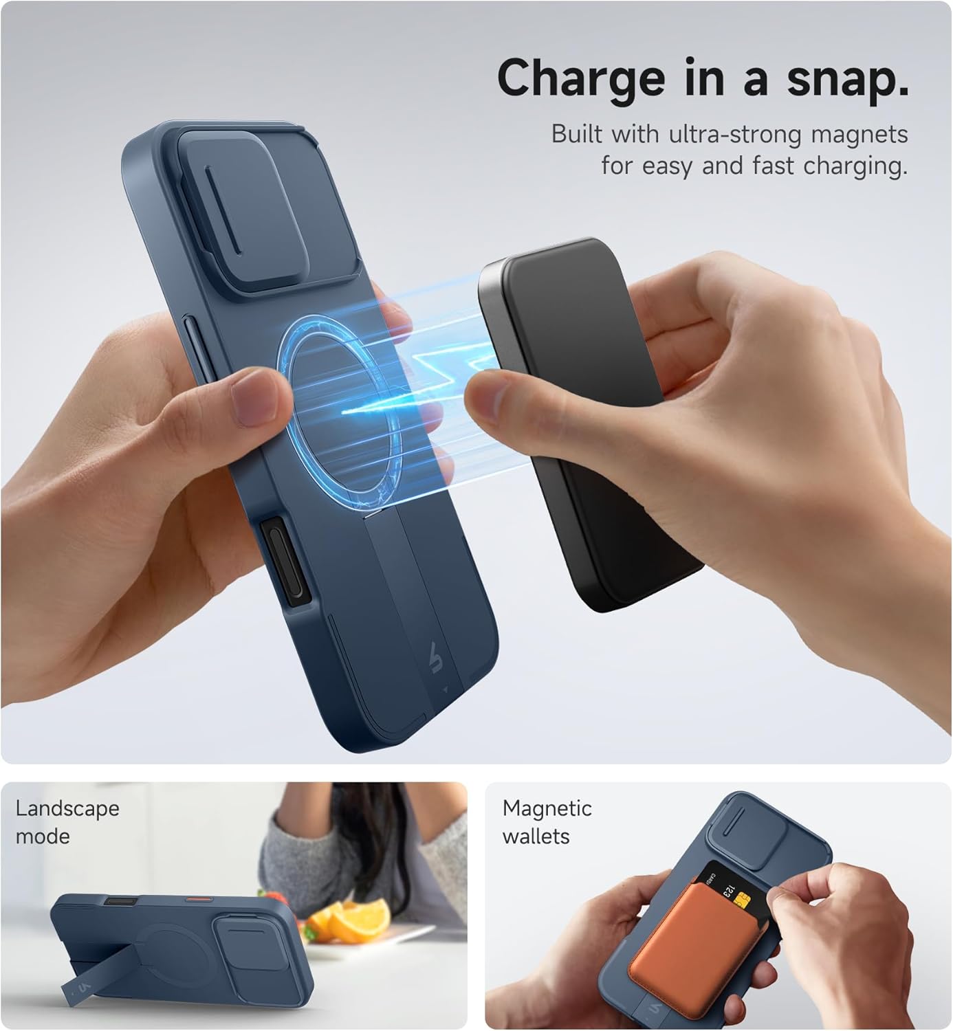 SURITCH for iPhone 16 Pro Max Case with Magnetic Camera Slide Cover and Adjustable Kickstand, Compatible with MagSafe, Shockproof Bumper Case Slim Protective Cover 6.9 Inch, Blue
