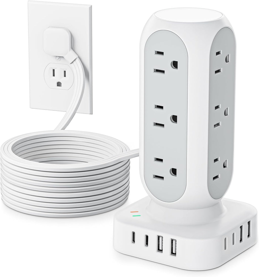 Tower Surge Protector Power Strip, 10FT Extension Cord with Multiple Outlets, Flat Plug Outlet Extender with 12 AC Outlets & 8 USB Ports, 24W Total Charging Station for Home Office Dorm Room
