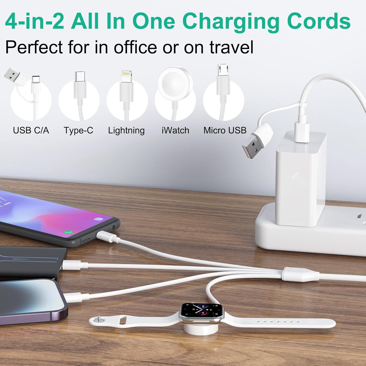 Multi Charging Cable 4 in 2 for Apple Watch Charger i-Phone, Travel 4 in 2 Watch & Phone Charger with iOSPorts/Type C/Micro USB Port Compatible with iWatch/iPhone 16 15/Galaxy Android-6FT
