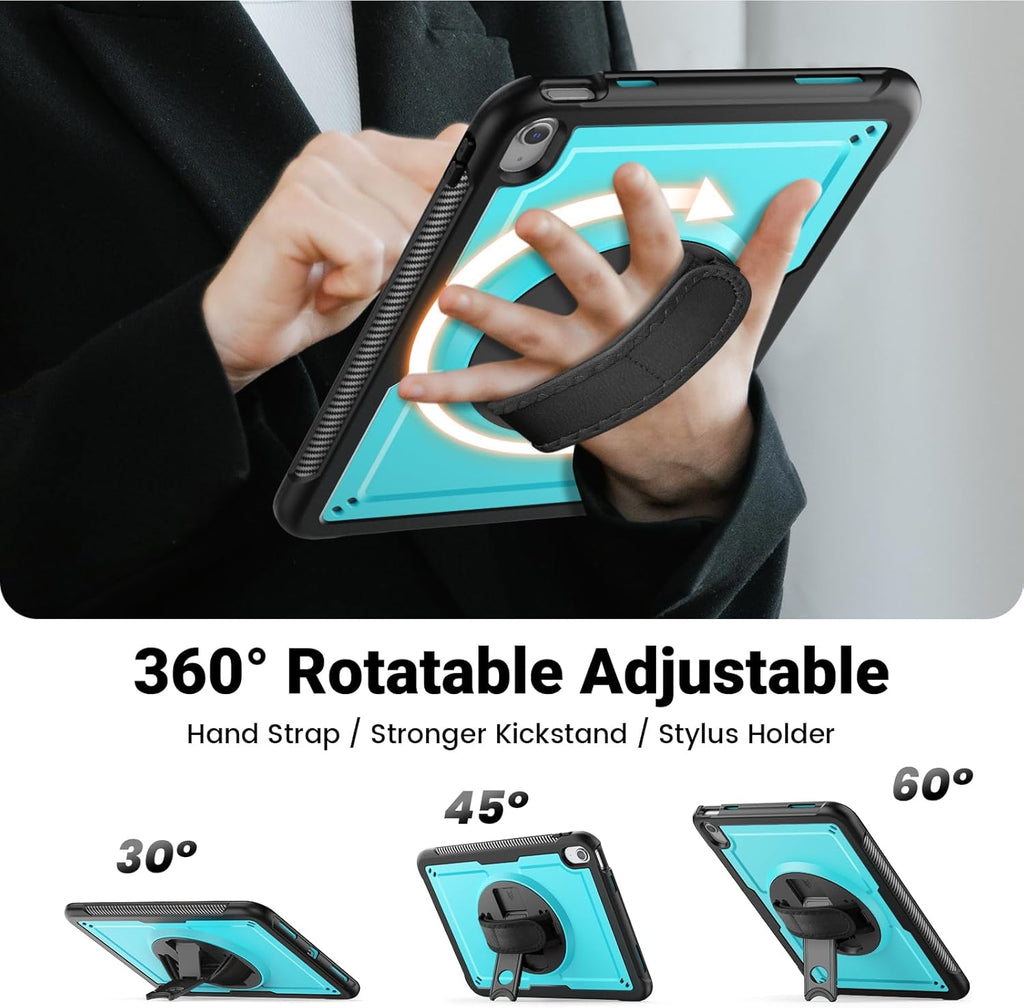 SCSVPN Case for iPad (A16) 11th Generation 11 Inch 2025 / 10th Generation 10.9 Inch 2022, Shockproof Protective Case with Screen Protector, Pen Holder, Rotating Stand, Hand/Shoulder Strap - Sky Blue
