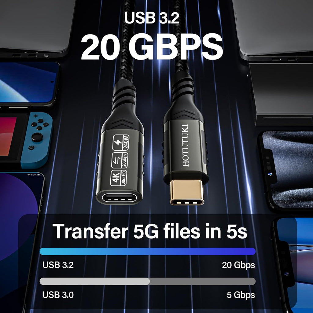 usb c extension cable short(0.8ft/0.25M),240W PD Fast Charging 20 Gbps USB 3.2 Gen 2 Data 4K ,usb c cable for usb male and female, Compatible with laptop, docking station, cell phone cord extension