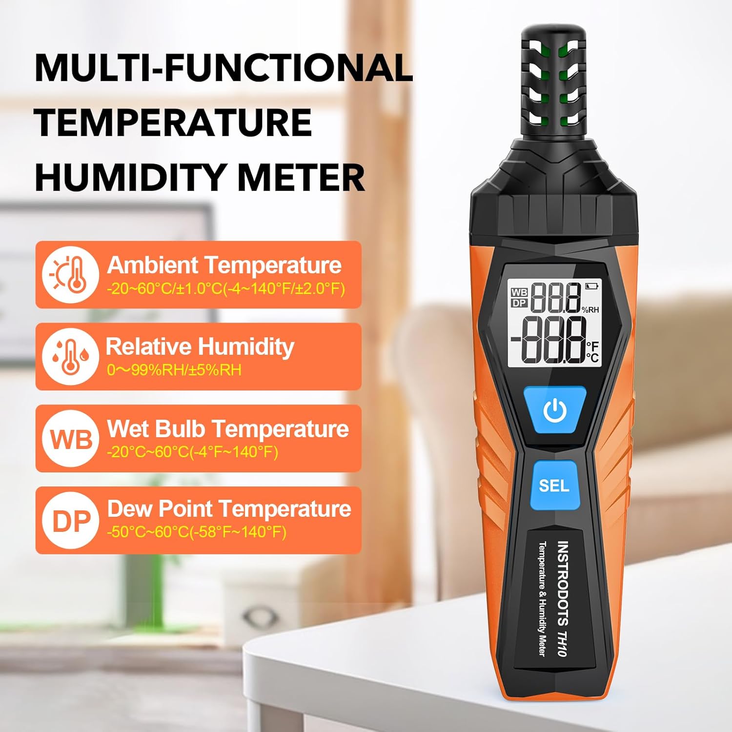 Temperature Humidity Meter, High Precision Thermometer Hygrometer with Ambient, Dew Point, Wet Bulb Thermometer, Dual Display Temperature & Humidity with LCD Backlight, TH10