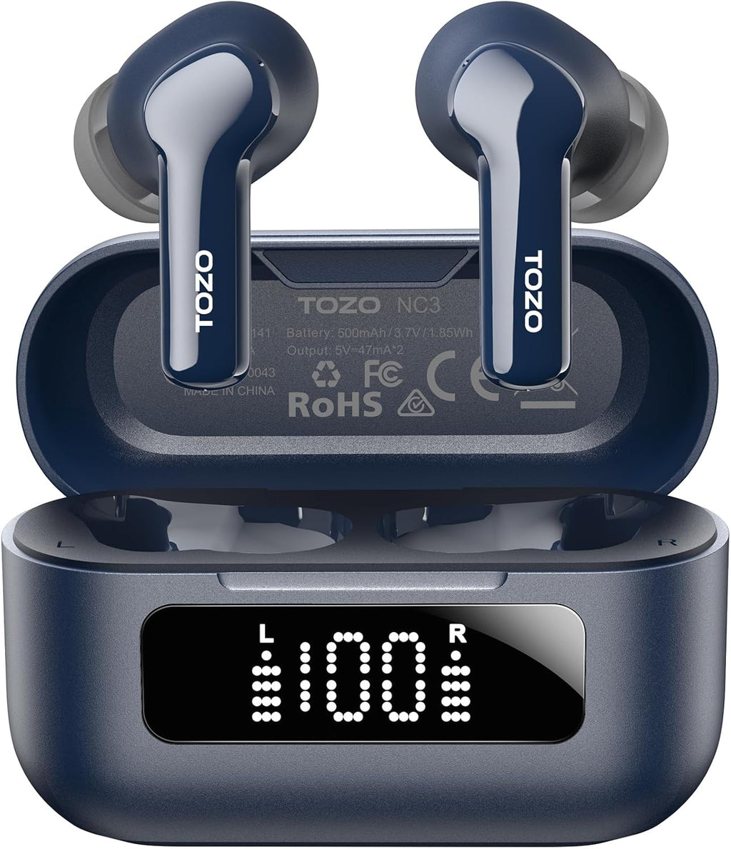 TOZO NC3 Hybrid Active Noise Cancelling Wireless Earbuds with 6 Mics AI Clear Call Ear Buds 55H Playtime with LED Display 32 Preset EQs via APP Bluetooth 5.3 IPX8 Waterproof in Ear Headphones
