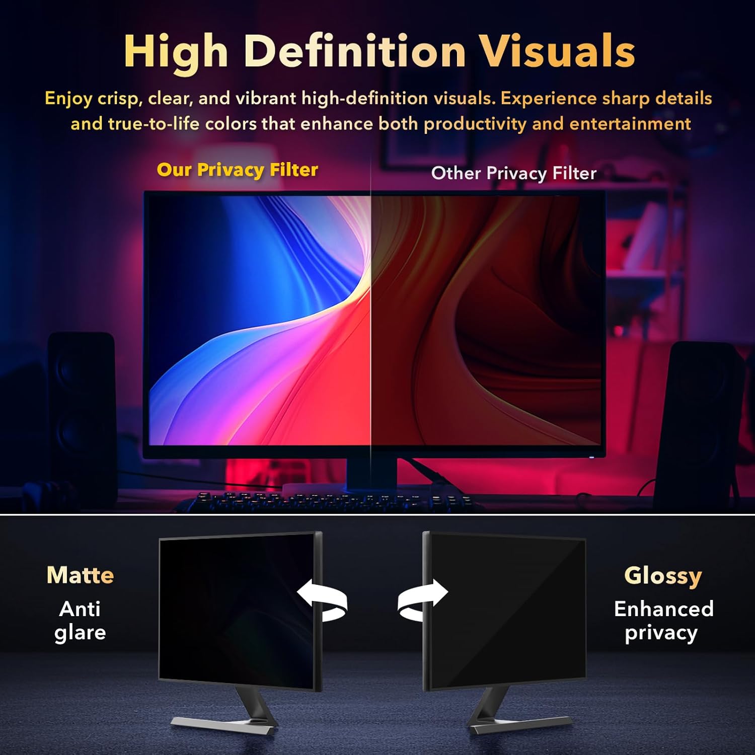 Magnetic Invisible Hidden Design Computer Privacy Screen Filter 24 Inch for Frameless Monitor 16:9 Aspect Ratio, Removable Anti Glare Blue Light Protector, Double Sided Reversible Eye Care 24in Film