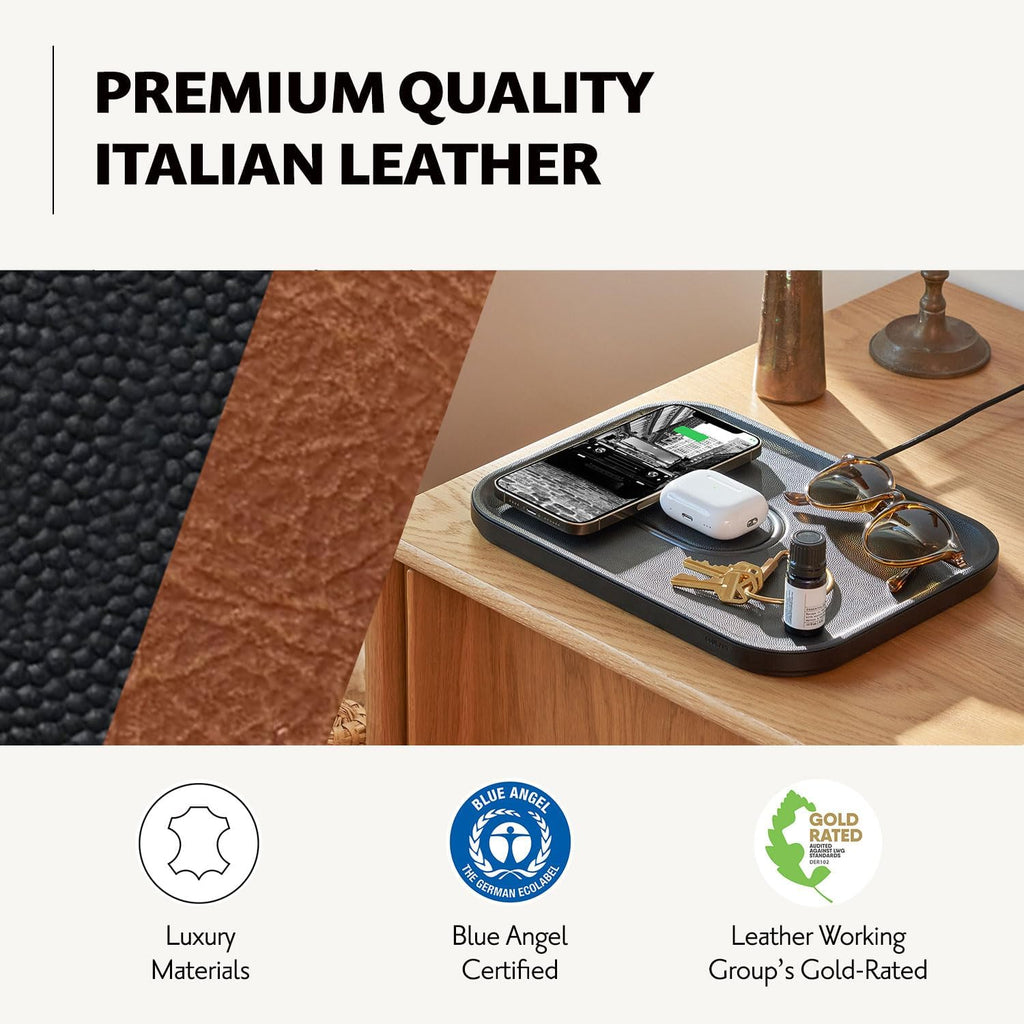 COURANT MAG:3 Classics Charger and Tray - Italian Leather, Multi-Device Charger Compatible with MagSafe iPhones 16, 15, 14, 13, 12 or Wireless AirPod Cases (Saddle)