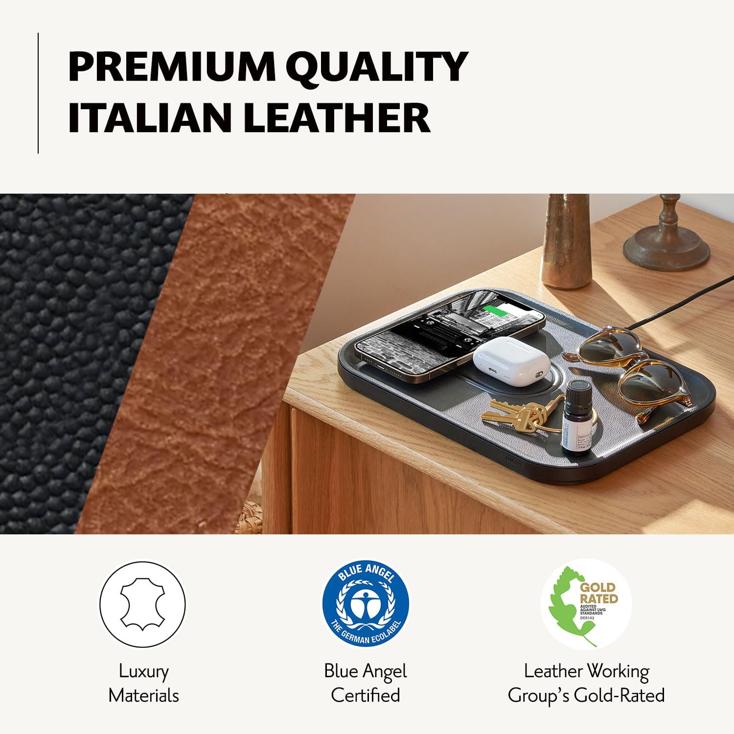COURANT MAG:3 Classics Charger and Tray - Italian Leather, Multi-Device Charger Compatible with MagSafe iPhones 16, 15, 14, 13, 12 or Wireless AirPod Cases (Saddle)