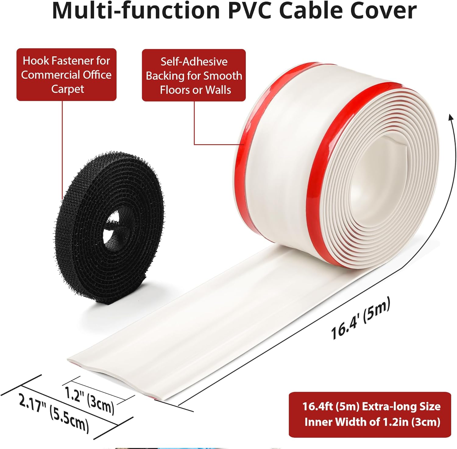 16.4ft Cord Cover Floor, Soft PVC Cord Covers for Wires on Floor, Self-Adhesive Floor Cable Cover Cord Hider, Floor Cable Management Cable Protector for Commercial Office Carpet/Floors/Wall White