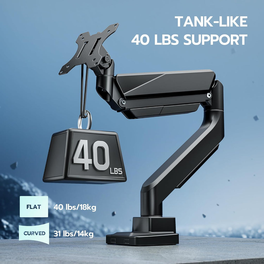 ARES WING Ultrawide Single Monitor Arm, Heavy Duty Monitor Mount for 13"-45" Curved Screens, Adjustable Stand for Desk with C-clamp & Grommet Base up to 40 LBS, Black